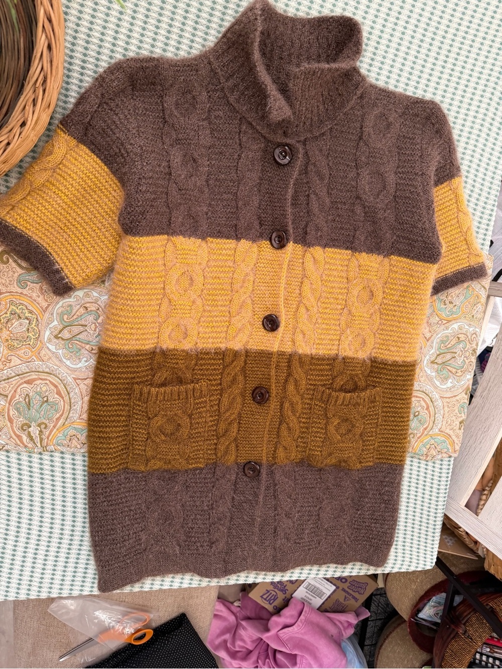 VTG Colorblock Cable Knit Short Sleeve Cardigan Brown Mustard Cottagecore Large - Picture 15 of 16